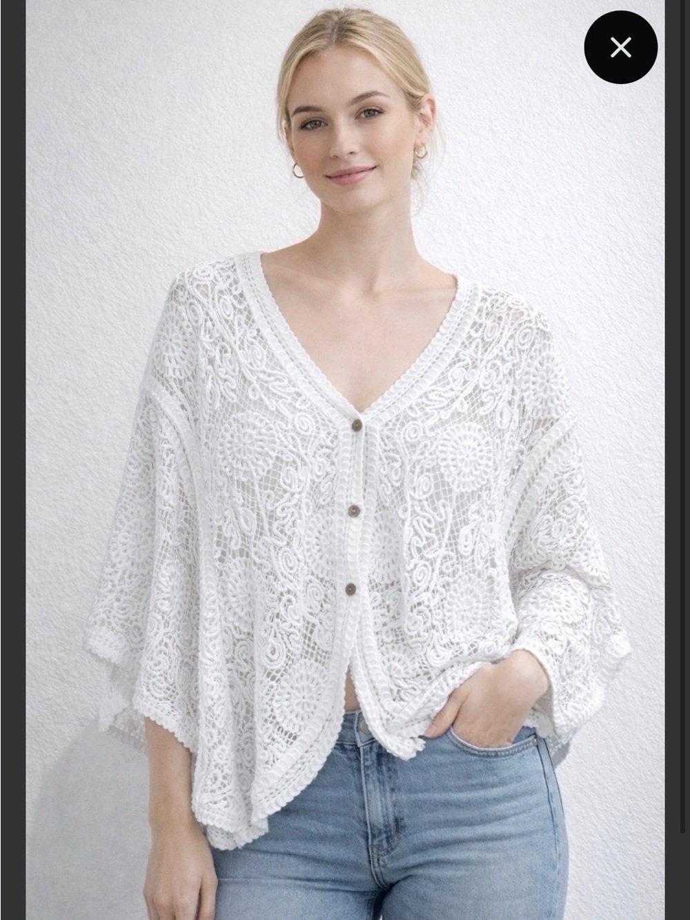 V-Neck Crochet Button-Front Sweater Cardigan - white (not cream)